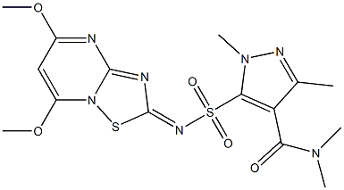 1,3,N,N-Tetramethyl-5-[(5,7-dimethoxy-2H-[1,2,4]thiadiazolo[2,3-a]pyrimidin-2-ylidene)sulfamoyl]-1H-pyrazole-4-carboxamide 结构式