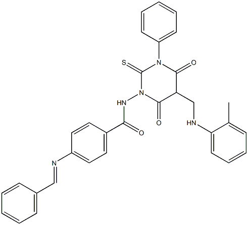 4-(Benzylideneamino)-N-[[hexahydro-4,6-dioxo-2-thioxo-3-(phenyl)-5-(2-methylphenylaminomethyl)pyrimidin]-1-yl]benzamide 结构式