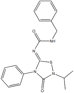 2-Isopropyl-4-phenyl-5-[(benzylcarbamoyl)imino]-1,2,4-thiadiazolidin-3-one 结构式