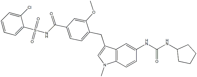 4-[5-(3-Cyclopentylureido)-1-methyl-1H-indol-3-ylmethyl]-3-methoxy-N-(2-chlorophenylsulfonyl)benzamide 结构式