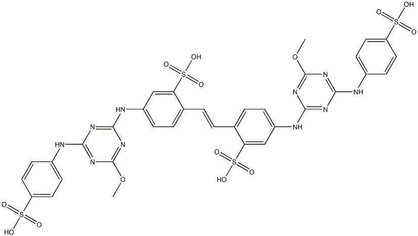 4,4'-Bis[6-methoxy-4-(p-sulfophenylamino)-1,3,5-triazin-2-ylamino]-2,2'-stilbenedisulfonic acid 结构式