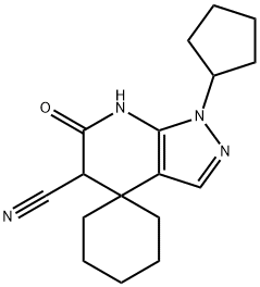 1'-cyclopentyl-6'-oxo-1',5',6',7'-tetrahydrospiro[cyclohexane-1,4'-pyrazolo[3,4-b]pyridine]-5'-carbonitrile 结构式