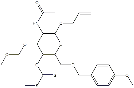 5-(acetylamino)-6-(allyloxy)-2-{[(4-methoxybenzyl)oxy]methyl}-4-(methoxymethoxy)tetrahydro-2H-pyran-3-yl (methylthio)methanethioate 结构式