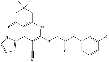 N-(3-chloro-2-methylphenyl)-2-{[3-cyano-7,7-dimethyl-5-oxo-4-(2-thienyl)-1,4,5,6,7,8-hexahydro-2-quinolinyl]sulfanyl}acetamide 结构式