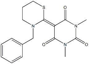 1,3-Dimethyl-5-[(tetrahydro-3-benzyl-2H-1,3-thiazin)-2-ylidene]pyrimidine-2,4,6(1H,3H,5H)-trione 结构式