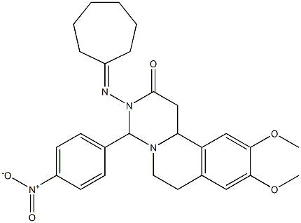 3-(Cycloheptylideneamino)-4-(4-nitrophenyl)-9,10-dimethoxy-1,3,4,6,7,11b-hexahydro-2H-pyrimido[6,1-a]isoquinolin-2-one 结构式