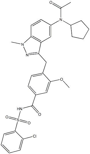 4-[5-(Cyclopentylacetylamino)-1-methyl-1H-indazol-3-ylmethyl]-3-methoxy-N-(2-chlorophenylsulfonyl)benzamide 结构式