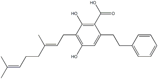 2-Phenethyl-4,6-dihydroxy-5-[(2E)-3,7-dimethyl-2,6-octadienyl]benzoic acid 结构式