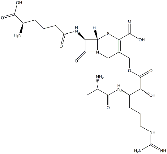 (7R)-7-[[(R)-5-Amino-5-carboxy-1-oxopentyl]amino]-3-[[[(2R,3S)-6-[[amino(imino)methyl]amino]-3-[[(S)-2-aminopropionyl]amino]-2-hydroxy-1-oxohexyl]oxy]methyl]cepham-3-ene-4-carboxylic acid 结构式