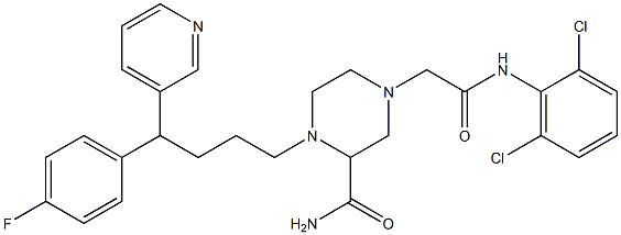 N-(2,6-Dichlorophenyl)-3-(aminocarbonyl)-4-[4-(4-fluorophenyl)-4-(pyridin-3-yl)butyl]piperazine-1-acetamide 结构式