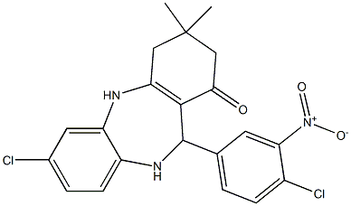 7-chloro-11-(4-chloro-3-nitrophenyl)-3,3-dimethyl-2,3,4,5,10,11-hexahydro-1H-dibenzo[b,e][1,4]diazepin-1-one 结构式
