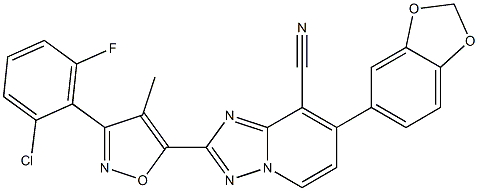 7-(1,3-benzodioxol-5-yl)-2-[3-(2-chloro-6-fluorophenyl)-4-methyl-5-isoxazolyl][1,2,4]triazolo[1,5-a]pyridine-8-carbonitrile 结构式