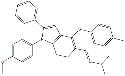 N-((E)-{1-(4-methoxyphenyl)-4-[(4-methylphenyl)sulfanyl]-2-phenyl-6,7-dihydro-1H-indol-5-yl}methylidene)-2-propanamine 结构式