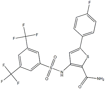 3-({[3,5-di(trifluoromethyl)phenyl]sulfonyl}amino)-5-(4-fluorophenyl)thiophene-2-carboxamide 结构式