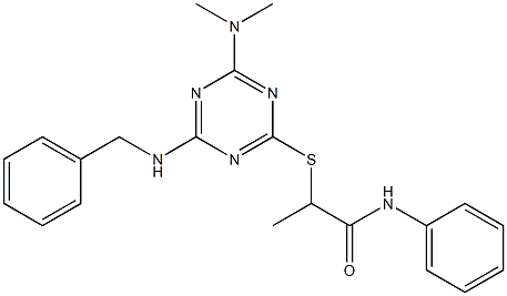 2-{[4-(benzylamino)-6-(dimethylamino)-1,3,5-triazin-2-yl]sulfanyl}-N-phenylpropanamide 结构式