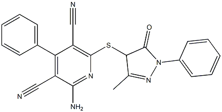 2-amino-6-[(3-methyl-5-oxo-1-phenyl-4,5-dihydro-1H-pyrazol-4-yl)sulfanyl]-4-phenyl-3,5-pyridinedicarbonitrile 结构式