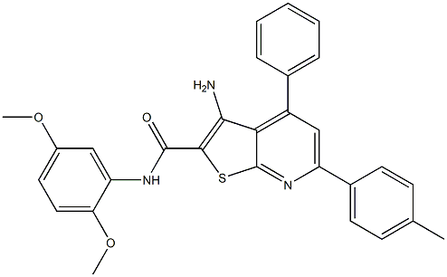 3-amino-N-(2,5-dimethoxyphenyl)-6-(4-methylphenyl)-4-phenylthieno[2,3-b]pyridine-2-carboxamide 结构式