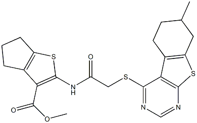 methyl 2-({[(7-methyl-5,6,7,8-tetrahydro[1]benzothieno[2,3-d]pyrimidin-4-yl)sulfanyl]acetyl}amino)-5,6-dihydro-4H-cyclopenta[b]thiophene-3-carboxylate 结构式