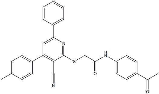 N-(4-acetylphenyl)-2-{[3-cyano-4-(4-methylphenyl)-6-phenyl-2-pyridinyl]sulfanyl}acetamide 结构式