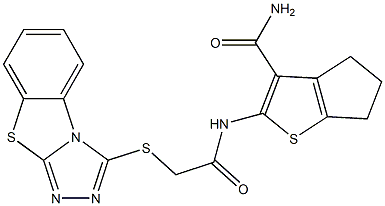 2-{[([1,2,4]triazolo[3,4-b][1,3]benzothiazol-3-ylsulfanyl)acetyl]amino}-5,6-dihydro-4H-cyclopenta[b]thiophene-3-carboxamide 结构式