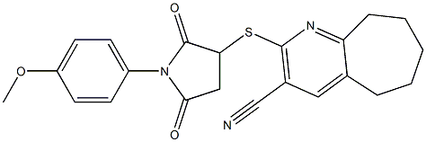 2-{[1-(4-methoxyphenyl)-2,5-dioxo-3-pyrrolidinyl]sulfanyl}-6,7,8,9-tetrahydro-5H-cyclohepta[b]pyridine-3-carbonitrile 结构式