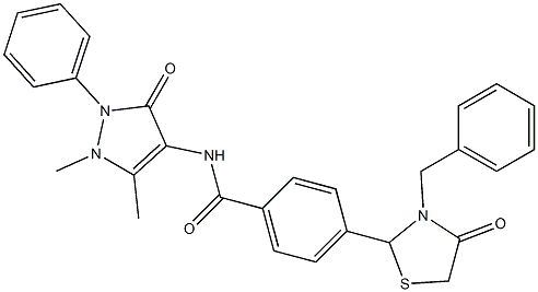 4-(3-benzyl-4-oxo-1,3-thiazolidin-2-yl)-N-(1,5-dimethyl-3-oxo-2-phenyl-2,3-dihydro-1H-pyrazol-4-yl)benzamide 结构式