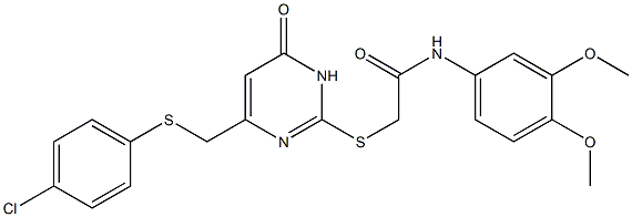 2-[(4-{[(4-chlorophenyl)sulfanyl]methyl}-6-oxo-1,6-dihydro-2-pyrimidinyl)sulfanyl]-N-(3,4-dimethoxyphenyl)acetamide 结构式
