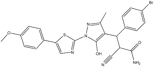 3-(4-bromophenyl)-2-cyano-3-{5-hydroxy-1-[5-(4-methoxyphenyl)-1,3-thiazol-2-yl]-3-methyl-1H-pyrazol-4-yl}propanamide 结构式