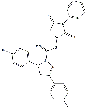 2,5-dioxo-1-phenyl-3-pyrrolidinyl 5-(4-chlorophenyl)-3-(4-methylphenyl)-4,5-dihydro-1H-pyrazole-1-carbimidothioate 结构式