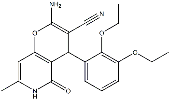 2-amino-4-(2,3-diethoxyphenyl)-7-methyl-5-oxo-5,6-dihydro-4H-pyrano[3,2-c]pyridine-3-carbonitrile 结构式