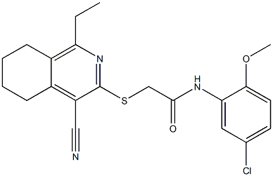 N-(5-chloro-2-methoxyphenyl)-2-[(4-cyano-1-ethyl-5,6,7,8-tetrahydro-3-isoquinolinyl)sulfanyl]acetamide 结构式