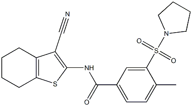 N-(3-cyano-4,5,6,7-tetrahydro-1-benzothien-2-yl)-4-methyl-3-(pyrrolidin-1-ylsulfonyl)benzamide 结构式