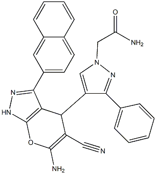 2-{4-[6-amino-5-cyano-3-(2-naphthyl)-1,4-dihydropyrano[2,3-c]pyrazol-4-yl]-3-phenyl-1H-pyrazol-1-yl}acetamide 结构式