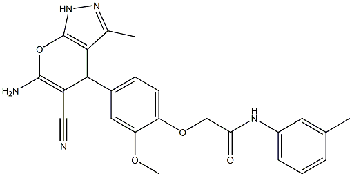 2-[4-(6-amino-5-cyano-3-methyl-1,4-dihydropyrano[2,3-c]pyrazol-4-yl)-2-methoxyphenoxy]-N-(3-methylphenyl)acetamide 结构式