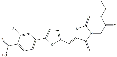 2-chloro-4-(5-{[3-(2-ethoxy-2-oxoethyl)-2,4-dioxo-1,3-thiazolidin-5-ylidene]methyl}-2-furyl)benzoic acid 结构式