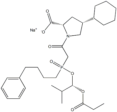 (4R)-4-Cyclohexyl-1-[[(R)-[(1S)-2-methyl-1-(1-oxopropoxy)propoxy](4-phenylbutyl)phosphinyl]acetyl]-L-proline sodium salt 结构式