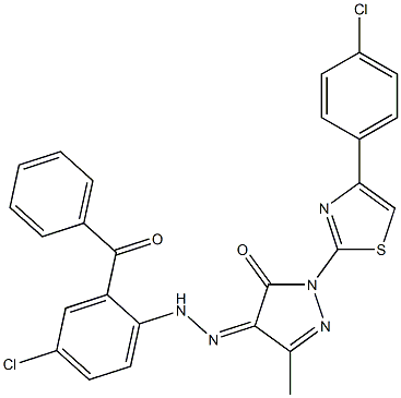 1-[4-(4-chlorophenyl)-1,3-thiazol-2-yl]-3-methyl-1H-pyrazole-4,5-dione 4-[N-(2-benzoyl-4-chlorophenyl)hydrazone] 结构式