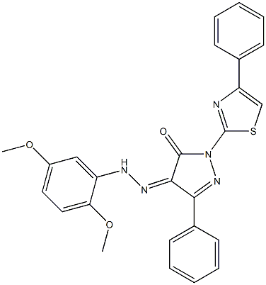 3-phenyl-1-(4-phenyl-1,3-thiazol-2-yl)-1H-pyrazole-4,5-dione 4-[N-(2,5-dimethoxyphenyl)hydrazone] 结构式