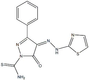 5-oxo-3-phenyl-4-[(Z)-2-(1,3-thiazol-2-yl)hydrazono]-1H-pyrazole-1(5H)-carbothioamide 结构式