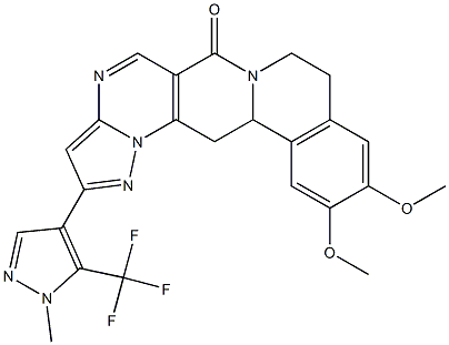 11,12-dimethoxy-2-[1-methyl-5-(trifluoromethyl)-1H-pyrazol-4-yl]-8,9,13b,14-tetrahydro-6H-pyrazolo[5'',1'':2',3']pyrimido[4',5':4,5]pyrido[2,1-a]isoquinolin-6-one 结构式