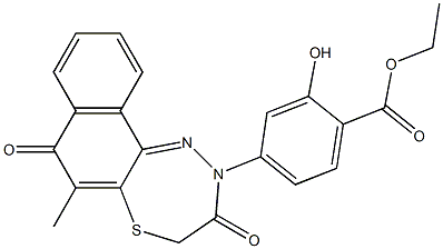 7,8-Dihydro-6-methyl-10-[3-hydroxy-4-(ethoxycarbonyl)phenyl]-7-thia-10,11-diaza-10H-cyclohepta[a]naphthalene-5,9-dione 结构式