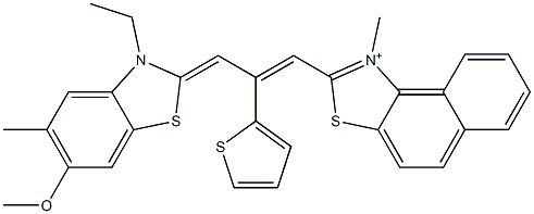 2-[3-(3-Ethyl-6-methoxy-5-methylbenzothiazol-2(3H)-ylidene)-2-(2-thienyl)-1-propenyl]-1-methylnaphtho[1,2-d]thiazol-1-ium 结构式