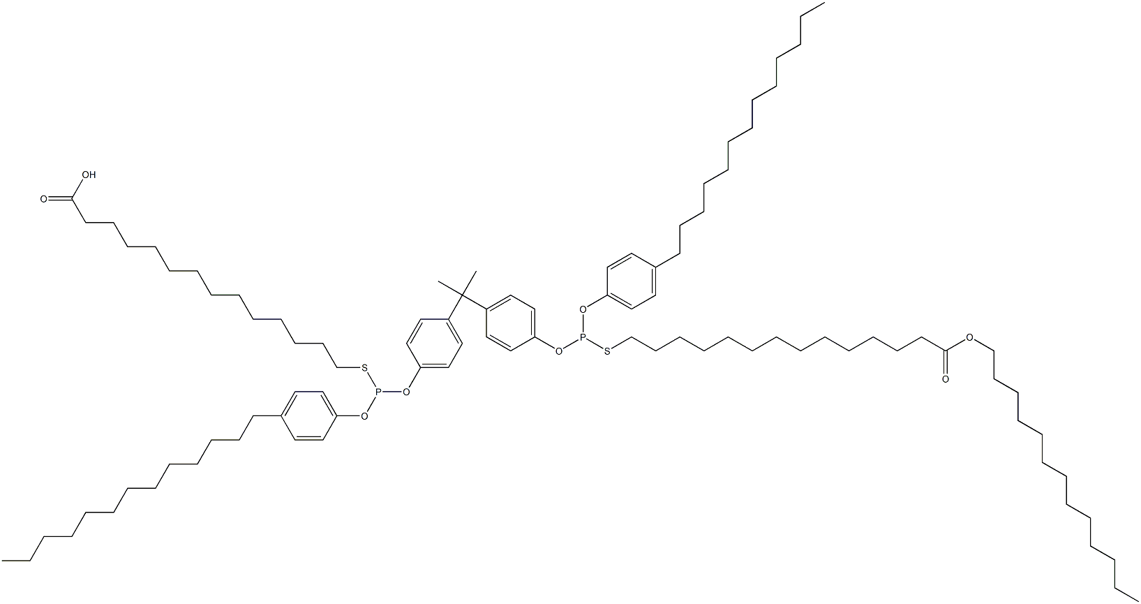 14,14'-[[Isopropylidenebis(4,1-phenyleneoxy)]bis[[(4-tridecylphenyl)oxy]phosphinediylthio]]bis(tetradecanoic acid tridecyl) ester 结构式