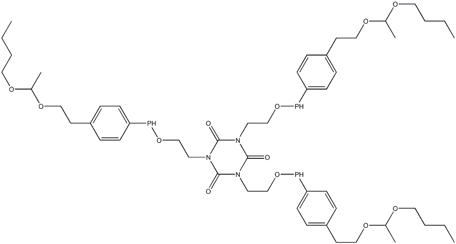 1,3,5-Tris[2-[4-[2-[(1-butoxyethyl)oxy]ethyl]phenylphosphinooxy]ethyl]-1,3,5-triazine-2,4,6(1H,3H,5H)-trione 结构式