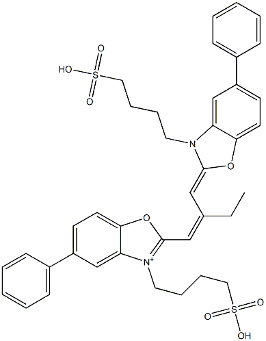 5-Phenyl-2-[2-[[5-phenyl-3-(4-sulfobutyl)benzoxazol-2(3H)-ylidene]methyl]-1-butenyl]-3-(4-sulfobutyl)benzoxazol-3-ium 结构式