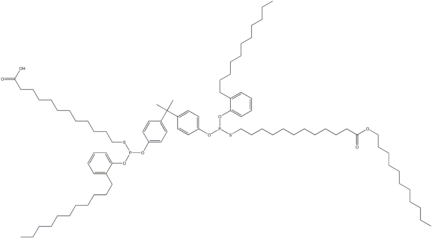 12,12'-[[Isopropylidenebis(4,1-phenyleneoxy)]bis[[(2-undecylphenyl)oxy]phosphinediylthio]]bis(dodecanoic acid undecyl) ester 结构式