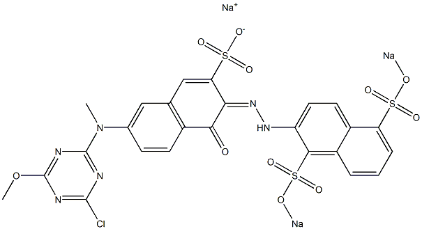 3-[2-[1,5-Bis(sodiosulfo)-2-naphtyl]hydrazono]-4-oxo-3,4-dihydro-7-[(4-chloro-6-methyloxy-1,3,5-triazine-2-yl)(methyl)amino]naphthalene-2-sulfonic acid sodium salt 结构式