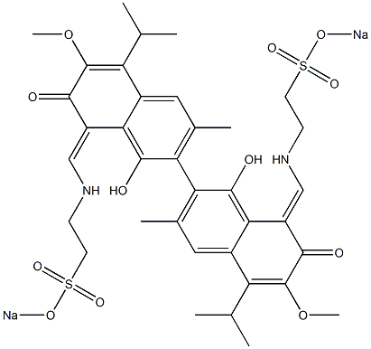 8,8'-Bis[[2-(sodiooxysulfonyl)ethyl]aminomethylene]-1,1'-dihydroxy-3,3'-dimethyl-5,5'-diisopropyl-6,6'-dimethoxy-7,7'-dioxo-7,7',8,8'-tetrahydro-2,2'-bi[naphthalene] 结构式