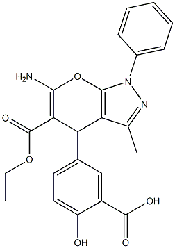 2-Hydroxy-5-[(6-amino-5-ethoxycarbonyl-3-methyl-1-phenyl-1,4-dihydropyrano[2,3-c]pyrazol)-4-yl]benzoic acid 结构式
