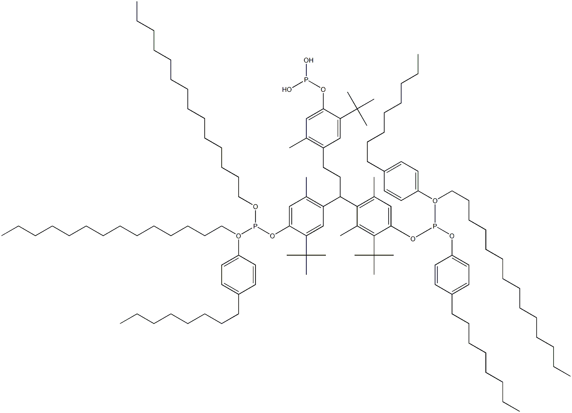 [3-Methyl-1,1,3-propanetriyltris(2-tert-butyl-5-methyl-4,1-phenyleneoxy)]tris(phosphonous acid)O,O',O''-tritetradecyl O,O',O''-tris(4-octylphenyl) ester 结构式